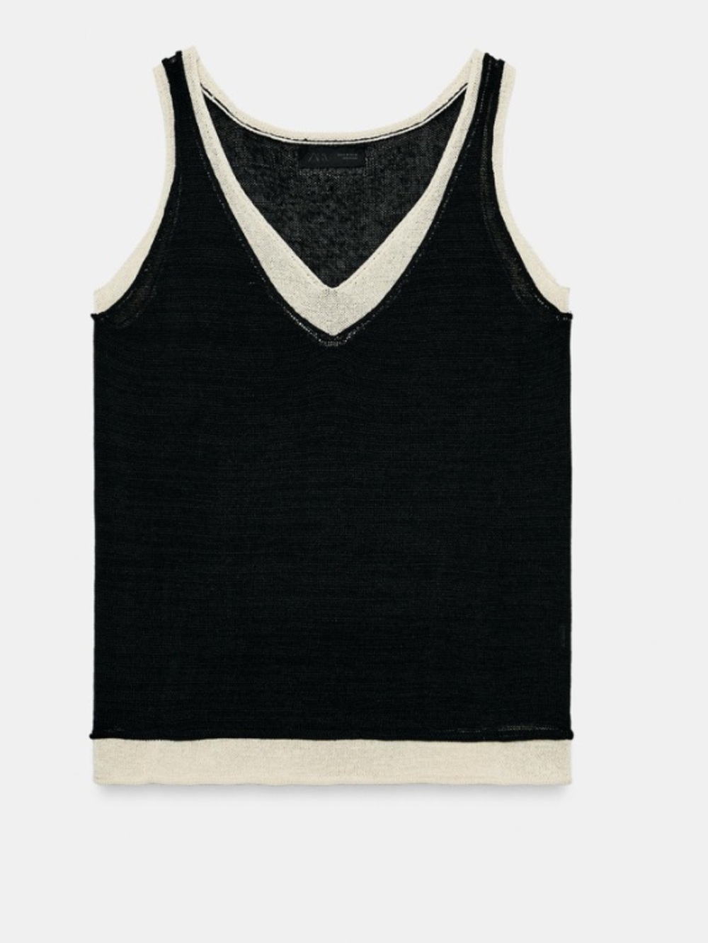 ZARA Combination V-neck Knit Tank Black with Cream Trim Women’s Medium NWT